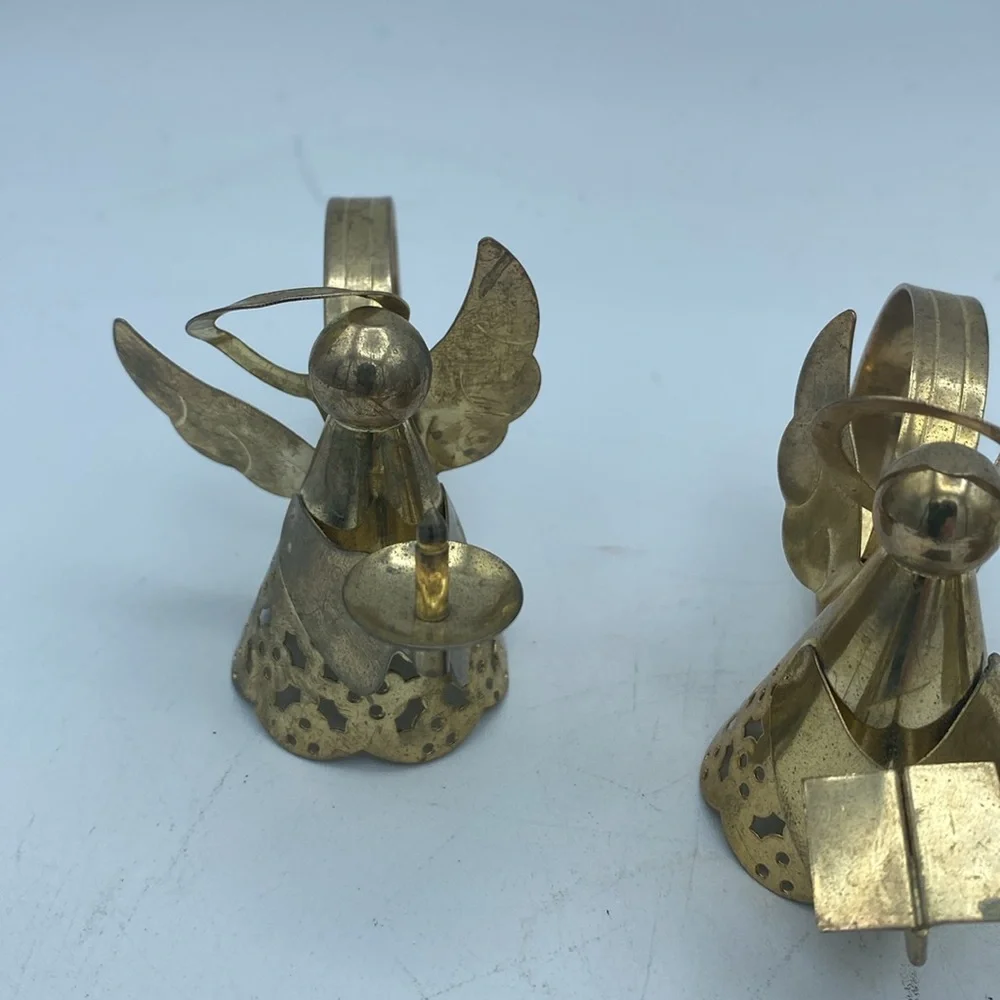 VTG set of 4 brass metal Angel w/ musical instruments napkin rings holders